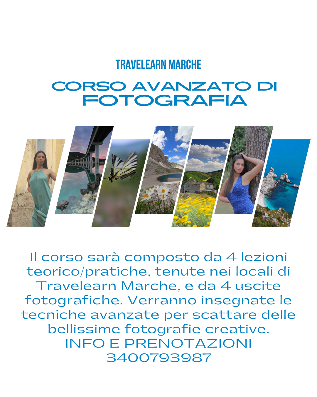 Il corso sarà composto da 4 lezioni teorico/pratiche, tenute nei locali di Travelearn Marche, e da 4 uscite fotografiche. Verranno insegnate le tecniche avanzate per scattare delle bellissime fotografie creative. Il corso nasce dalla necessità di completare, approfondire e migliorare il processo di apprendimento sul mondo della fotografia, iniziato con il Corso Base. Ci occuperemo di tecniche Fotografiche Avanzate, entreremo nel rapporto esistente tra la Composizione Fotografica e il Linguaggio della Comunicazione Visiva, affinando anche la post produzione. Il corso si terrà nelle seguenti date: 3 aprile 2024 8 aprile 2024 15 aprile 2024 22 aprile 2024 28 aprile 2024 12 maggio 2024 19 maggio 2024 23 giugno 2024 30 giugno 2024 INFO E PRENOTAZIONI 3400793987